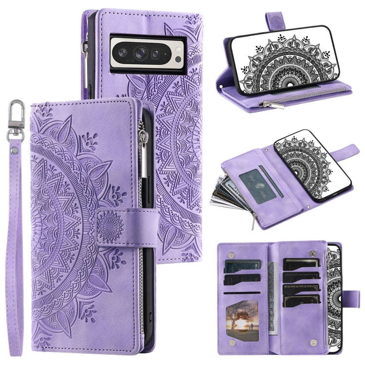 For Google Pixel 9 Pro XL Multi-Card Totem Zipper Leather Phone Case(Purple)