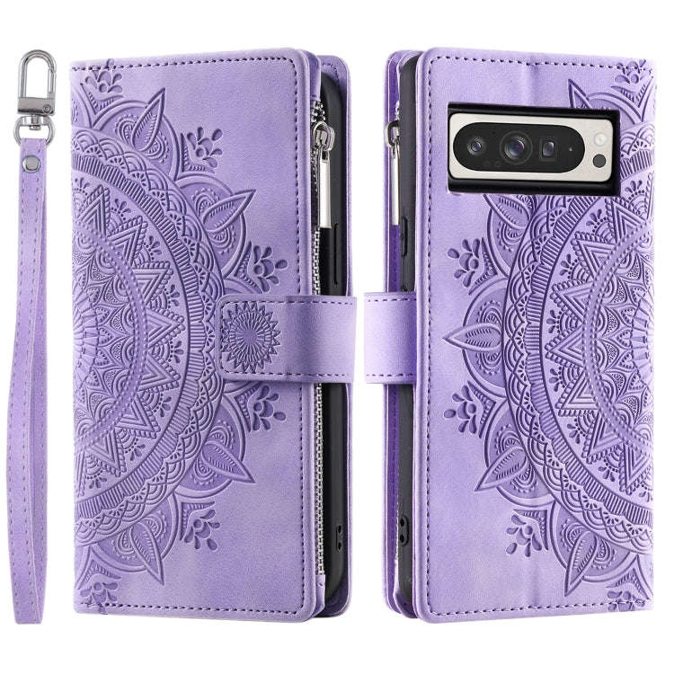 For Google Pixel 9 Pro XL Multi-Card Totem Zipper Leather Phone Case(Purple)
