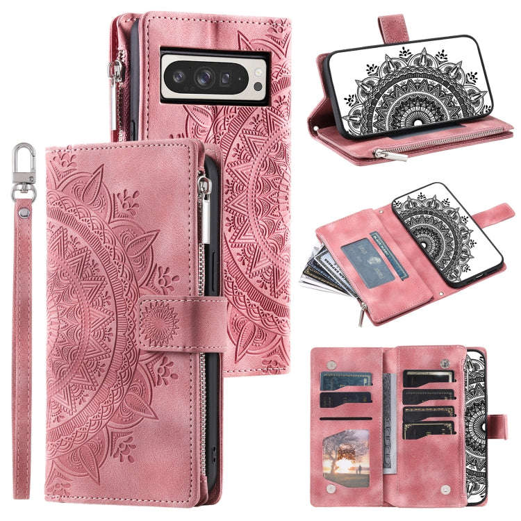 For Google Pixel 9 Pro XL Multi-Card Totem Zipper Leather Phone Case(Pink)