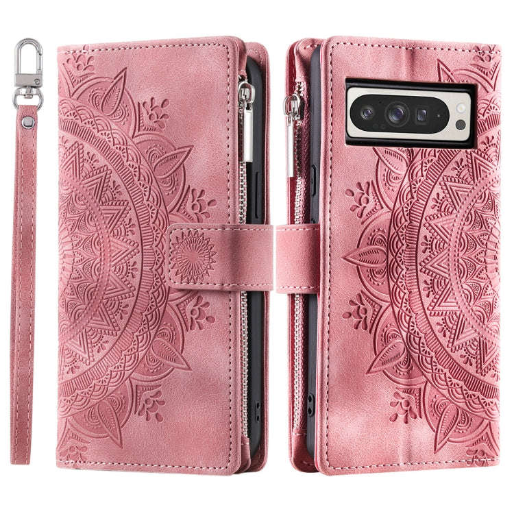 For Google Pixel 9 Pro XL Multi-Card Totem Zipper Leather Phone Case(Pink)