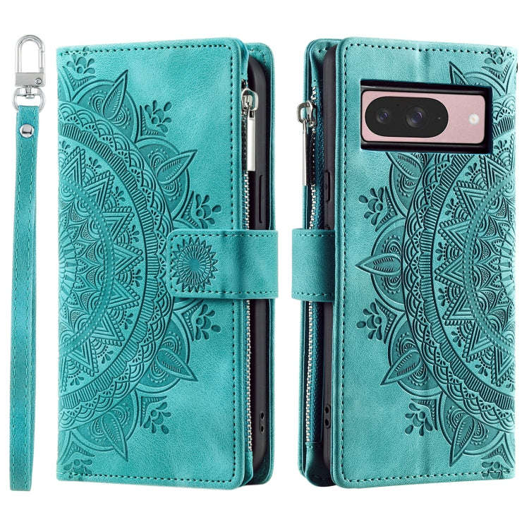 For Google Pixel 9 / 9 Pro Multi-Card Totem Zipper Leather Phone Case(Green)