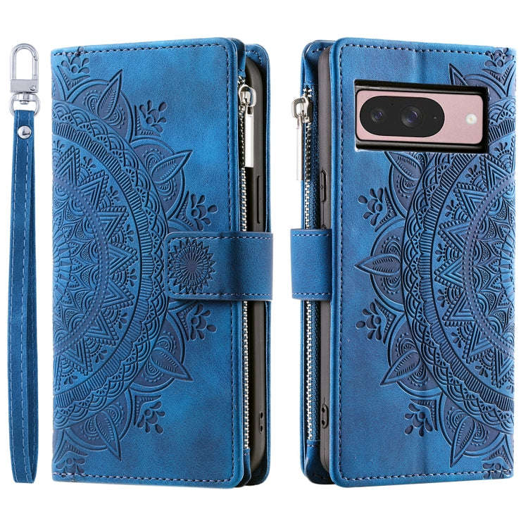 For Google Pixel 9 / 9 Pro Multi-Card Totem Zipper Leather Phone Case(Blue)