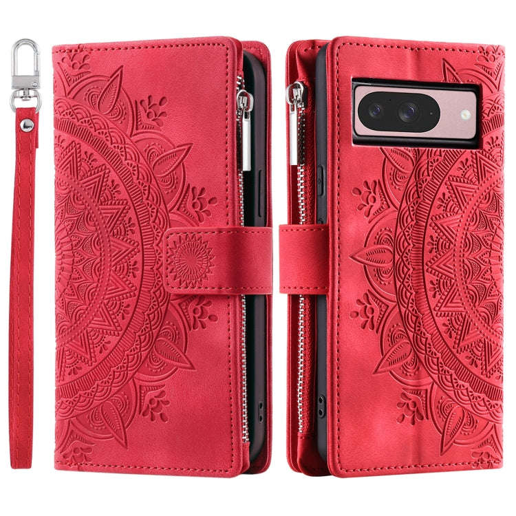 For Google Pixel 9 / 9 Pro Multi-Card Totem Zipper Leather Phone Case(Red)