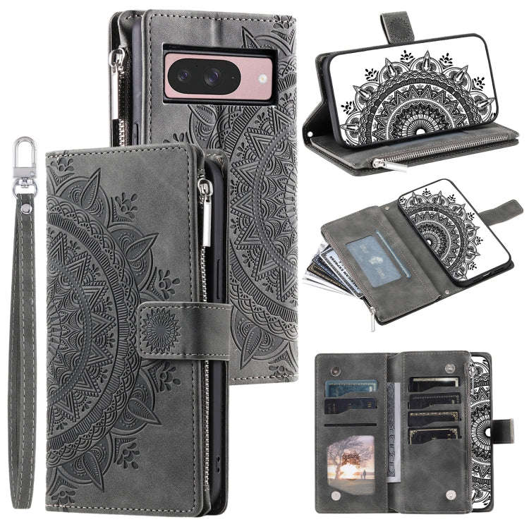 For Google Pixel 9 / 9 Pro Multi-Card Totem Zipper Leather Phone Case(Grey)