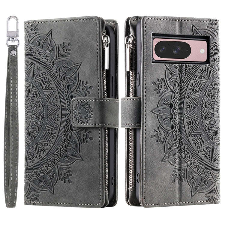 For Google Pixel 9 / 9 Pro Multi-Card Totem Zipper Leather Phone Case(Grey)