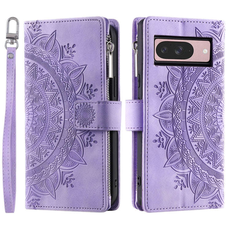 For Google Pixel 9 / 9 Pro Multi-Card Totem Zipper Leather Phone Case(Purple)