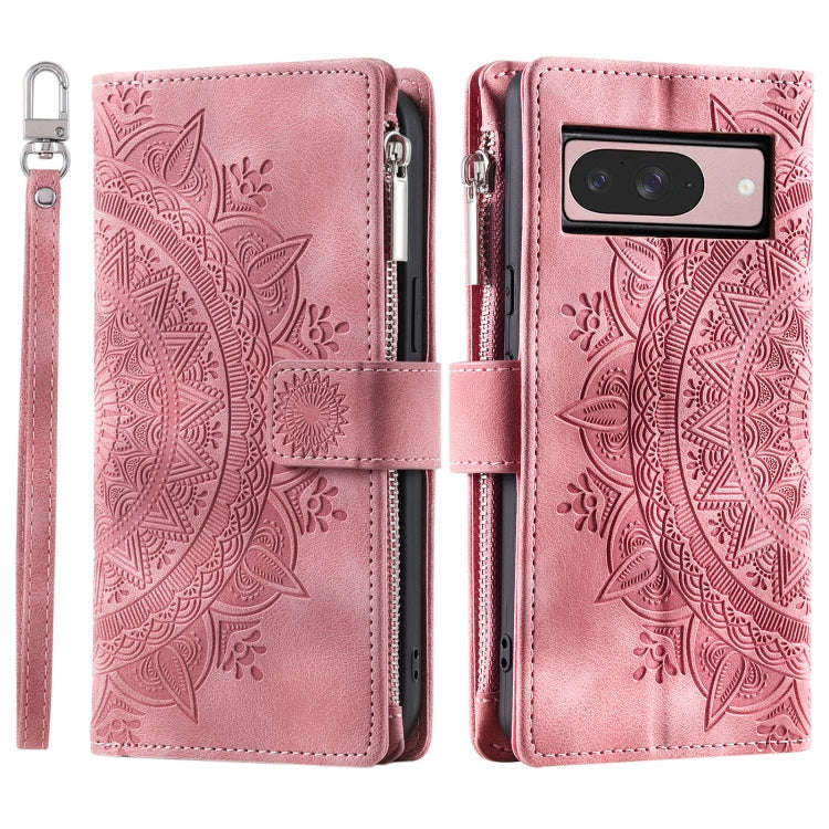 For Google Pixel 9 / 9 Pro Multi-Card Totem Zipper Leather Phone Case(Pink)