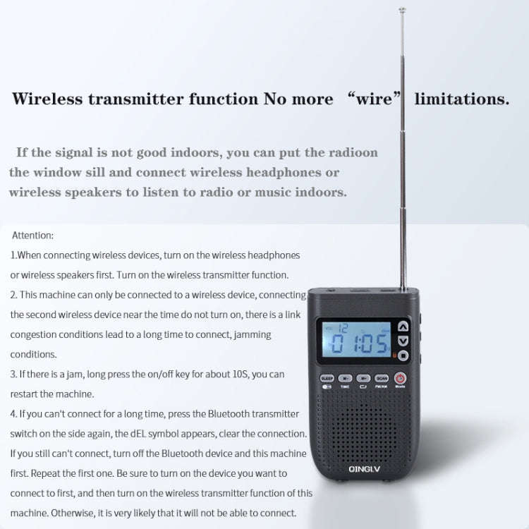 QINGLV QL-518 Portable Bluetooth Transmitter Radio Support FM / AM / MP3(Black)