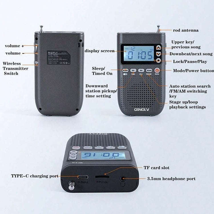 QINGLV QL-518 Portable Bluetooth Transmitter Radio Support FM / AM / MP3(Black)