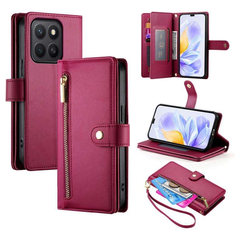For Honor X8c 4G Nine Card-slot Zipper Wallet Bag Leather Phone Case(Red)