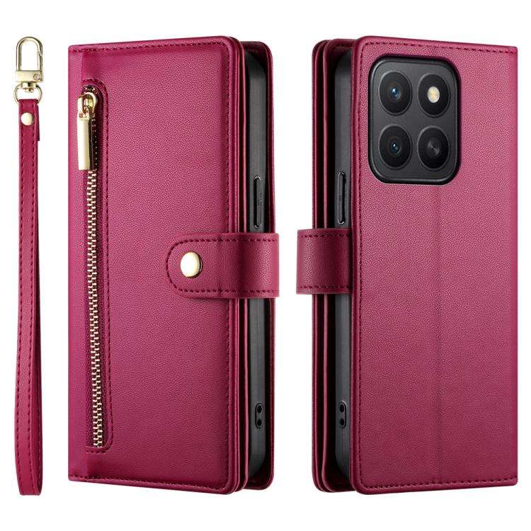 For Honor X8c 4G Nine Card-slot Zipper Wallet Bag Leather Phone Case(Red)