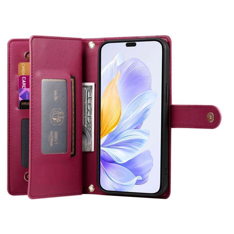 For Honor X8c 4G Nine Card-slot Zipper Wallet Bag Leather Phone Case(Red)