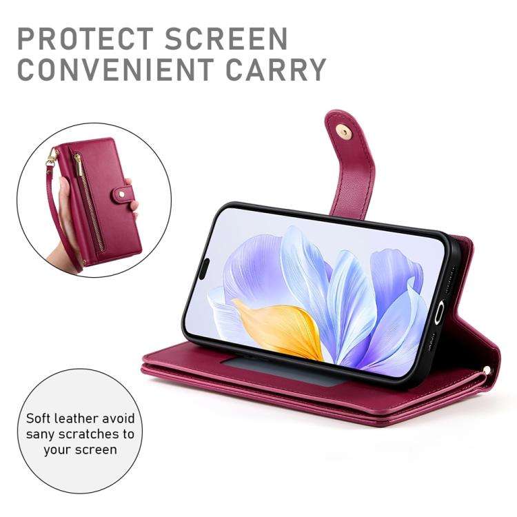 For Honor X8c 4G Nine Card-slot Zipper Wallet Bag Leather Phone Case(Red)
