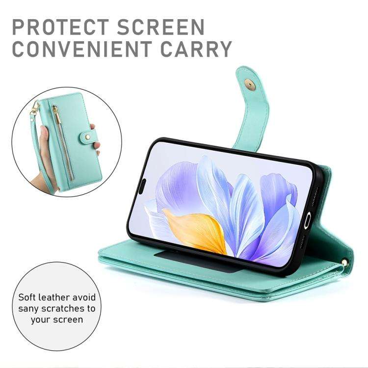 For Honor X8c 4G Nine Card-slot Zipper Wallet Bag Leather Phone Case(Mint Green)