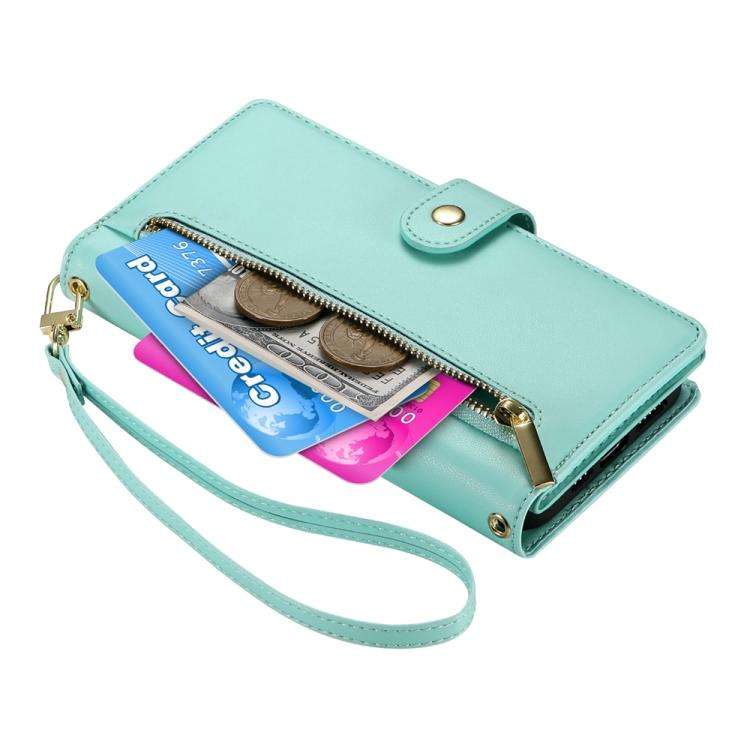 For Honor X8c 4G Nine Card-slot Zipper Wallet Bag Leather Phone Case(Mint Green)