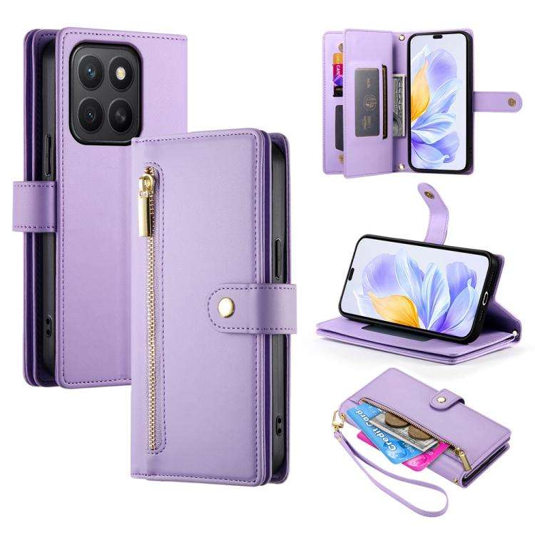 For Honor X8c 4G Nine Card-slot Zipper Wallet Bag Leather Phone Case(Purple)