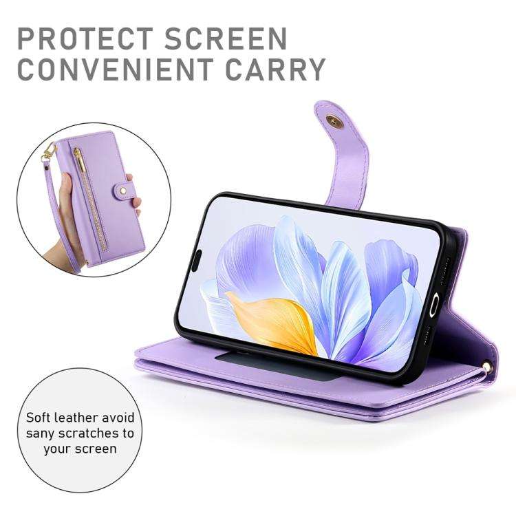 For Honor X8c 4G Nine Card-slot Zipper Wallet Bag Leather Phone Case(Purple)