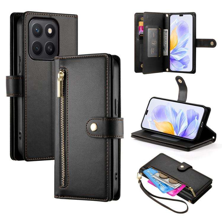 For Honor X8c 4G Nine Card-slot Zipper Wallet Bag Leather Phone Case(Black)