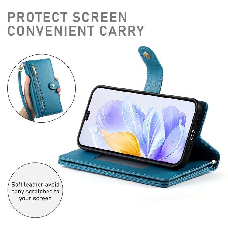 For Honor X8c 4G Nine Card-slot Zipper Wallet Bag Leather Phone Case(Blue)