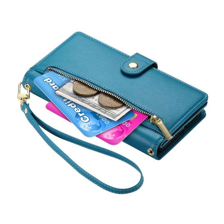 For Honor X8c 4G Nine Card-slot Zipper Wallet Bag Leather Phone Case(Blue)