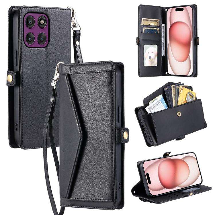 For Motorola Edge 60 Pro Wallet Multi-card Slot Leather Phone Case with Lanyard(Black)