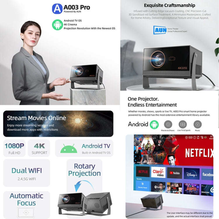 AUN A003 Pro 1920 x 1080P 350 Lumens Portable Home Theater LED HD Digital Projector, EU Plug(Grey)