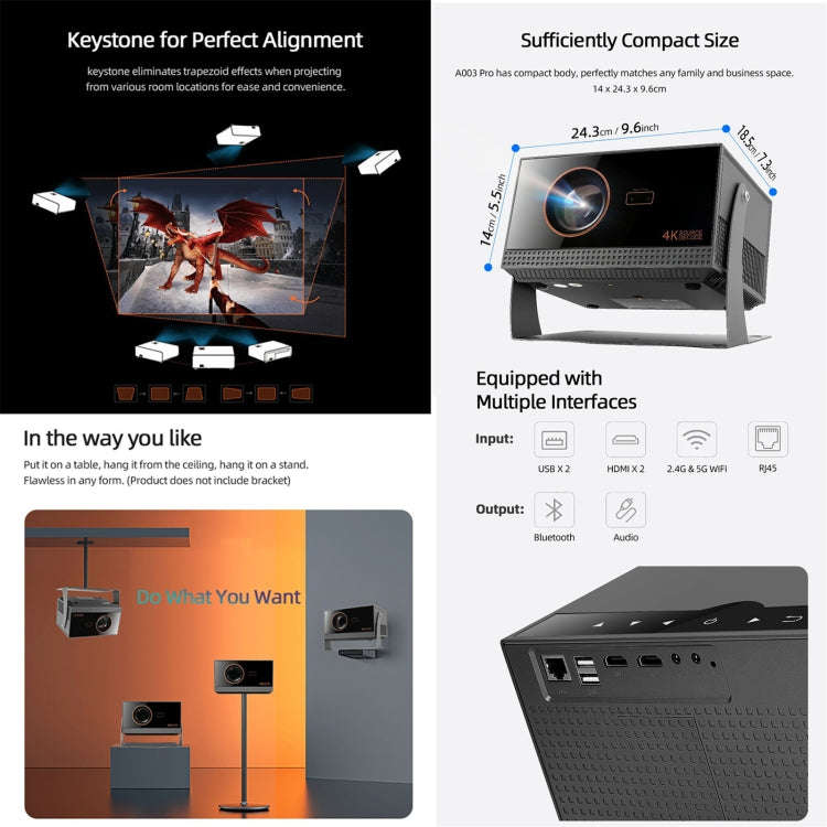 AUN A003 Pro 1920 x 1080P 350 Lumens Portable Home Theater LED HD Digital Projector, EU Plug(Grey)
