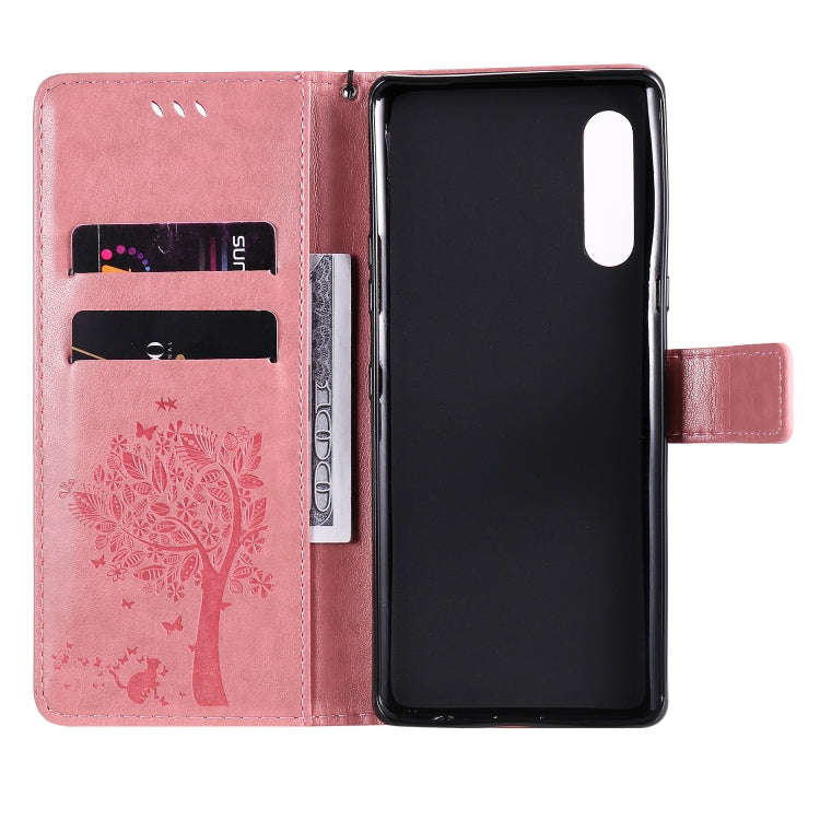 For LG G9 Tree & Cat Embossed Pattern Horizontal Flip Leather Case with Holder & Card Slots & Wal...