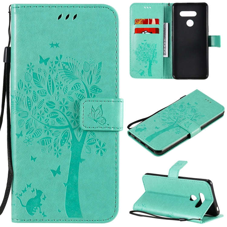 For LG K50S Tree & Cat Embossed Pattern Horizontal Flip Leather Case with Holder & Card Slots & W...