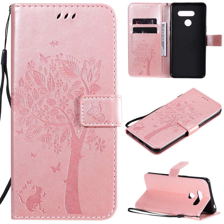 For LG K50S Tree & Cat Embossed Pattern Horizontal Flip Leather Case with Holder & Card Slots & W...