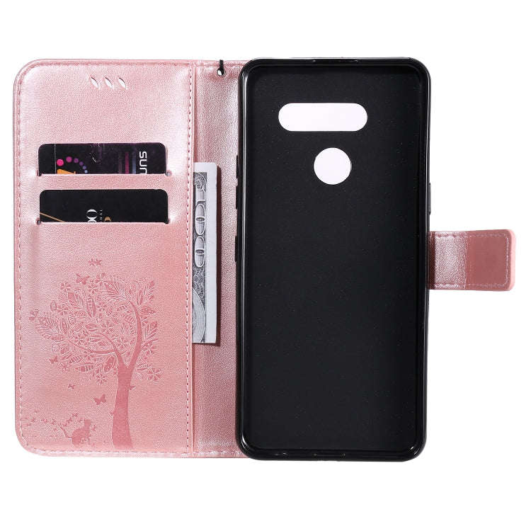 For LG K50S Tree & Cat Embossed Pattern Horizontal Flip Leather Case with Holder & Card Slots & W...