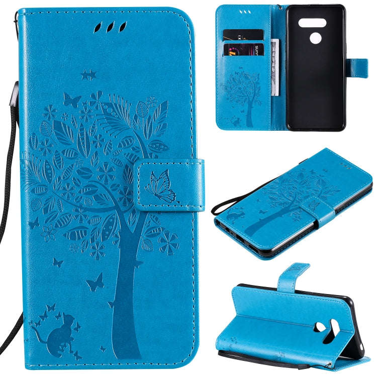 For LG K50S Tree & Cat Embossed Pattern Horizontal Flip Leather Case with Holder & Card Slots & W...