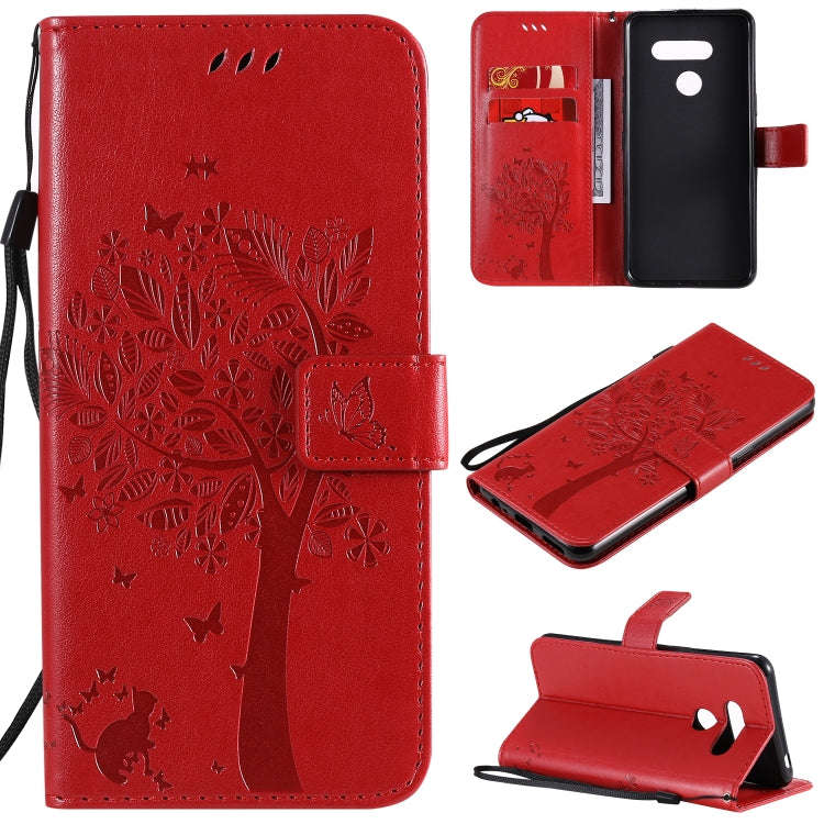 For LG K50S Tree & Cat Embossed Pattern Horizontal Flip Leather Case with Holder & Card Slots & W...