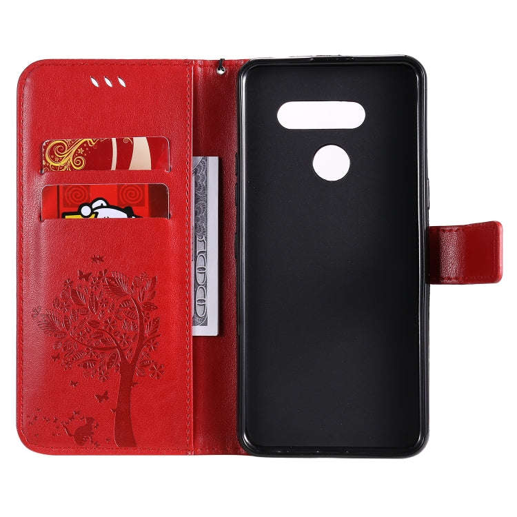 For LG K50S Tree & Cat Embossed Pattern Horizontal Flip Leather Case with Holder & Card Slots & W...