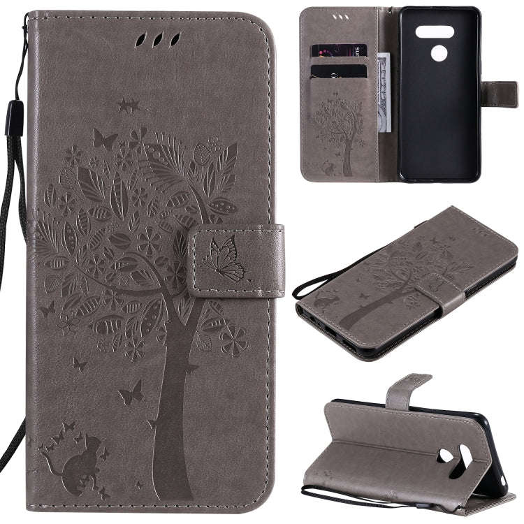 For LG K50S Tree & Cat Embossed Pattern Horizontal Flip Leather Case with Holder & Card Slots & W...