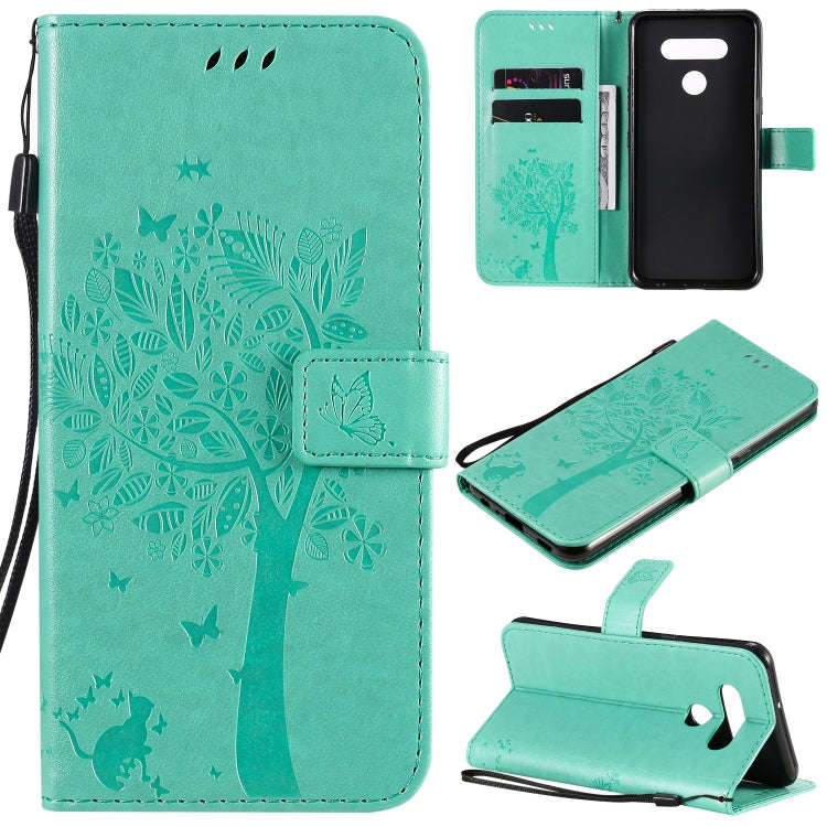 For LG K51 Tree & Cat Embossed Pattern Horizontal Flip Leather Case with Holder & Card Slots & Wa...