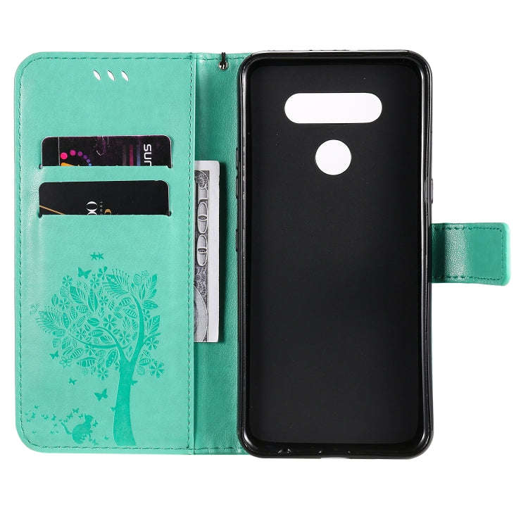 For LG K51 Tree & Cat Embossed Pattern Horizontal Flip Leather Case with Holder & Card Slots & Wa...