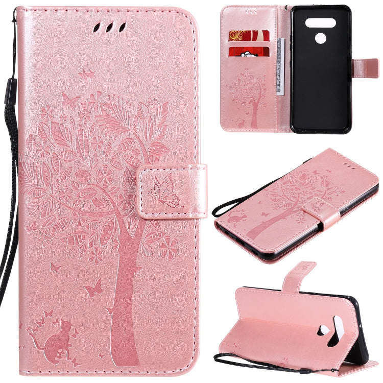 For LG K51 Tree & Cat Embossed Pattern Horizontal Flip Leather Case with Holder & Card Slots & Wa...