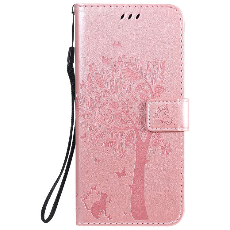 For LG K51 Tree & Cat Embossed Pattern Horizontal Flip Leather Case with Holder & Card Slots & Wa...