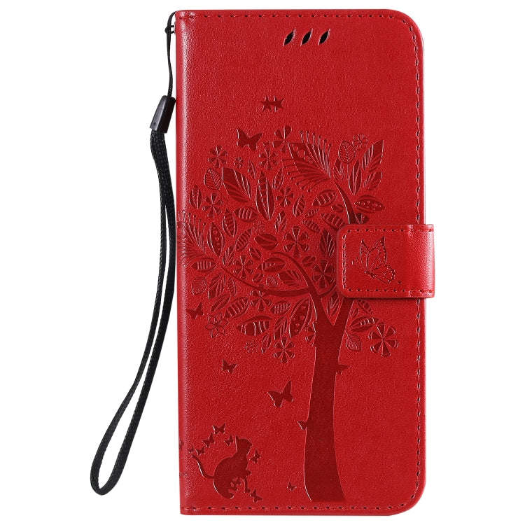 For LG K51 Tree & Cat Embossed Pattern Horizontal Flip Leather Case with Holder & Card Slots & Wa...