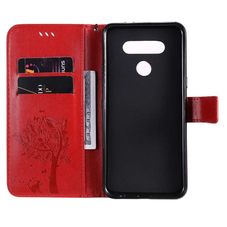 For LG K51 Tree & Cat Embossed Pattern Horizontal Flip Leather Case with Holder & Card Slots & Wa...