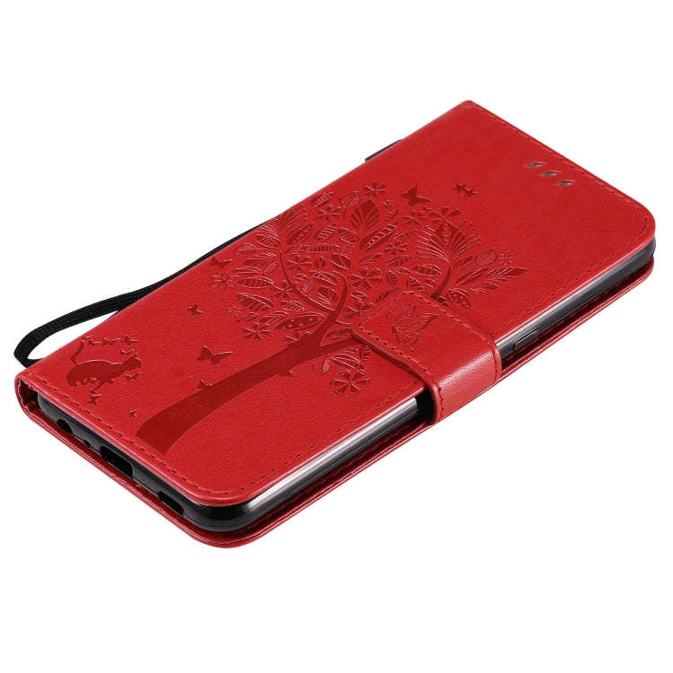 For LG K51 Tree & Cat Embossed Pattern Horizontal Flip Leather Case with Holder & Card Slots & Wa...