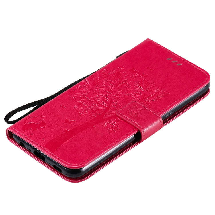 For LG K51 Tree & Cat Embossed Pattern Horizontal Flip Leather Case with Holder & Card Slots & Wa...