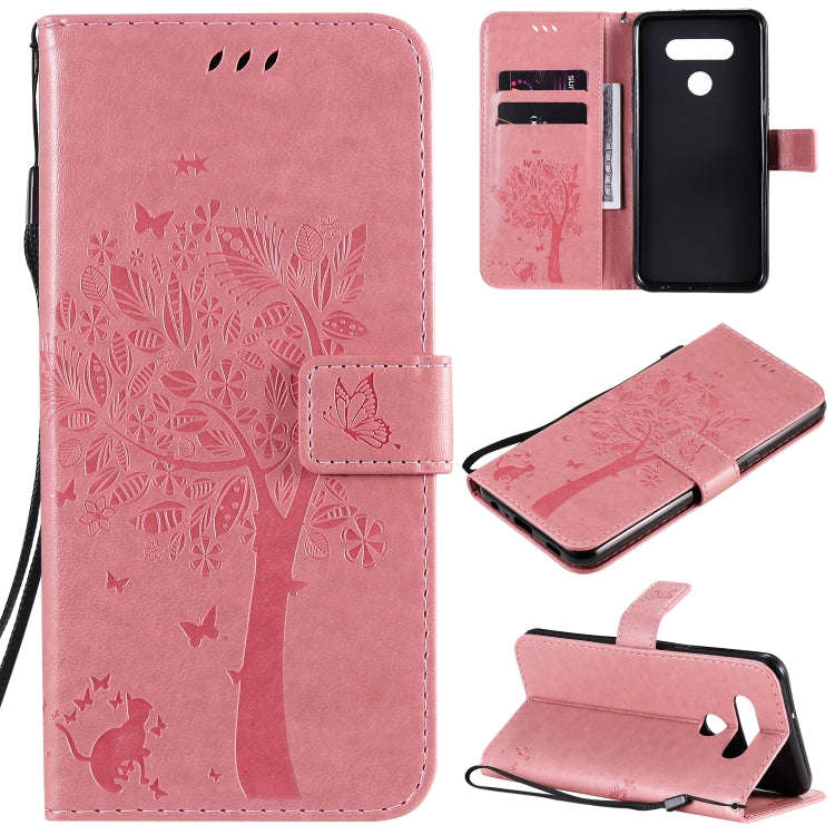 For LG K51 Tree & Cat Embossed Pattern Horizontal Flip Leather Case with Holder & Card Slots & Wa...