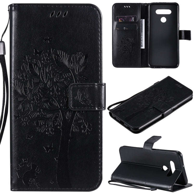 For LG K51 Tree & Cat Embossed Pattern Horizontal Flip Leather Case with Holder & Card Slots & Wa...