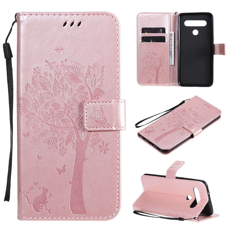 For LG K61 Tree & Cat Embossed Pattern Horizontal Flip Leather Case with Holder & Card Slots & Wa...