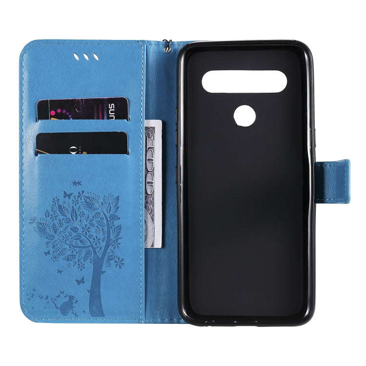 For LG K61 Tree & Cat Embossed Pattern Horizontal Flip Leather Case with Holder & Card Slots & Wa...