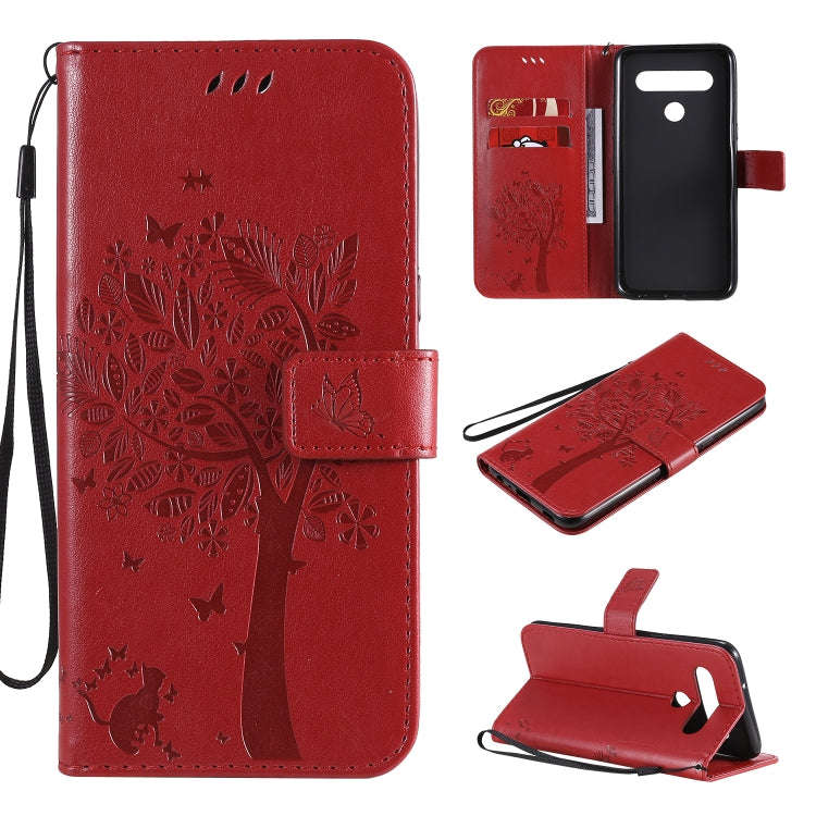 For LG K61 Tree & Cat Embossed Pattern Horizontal Flip Leather Case with Holder & Card Slots & Wa...