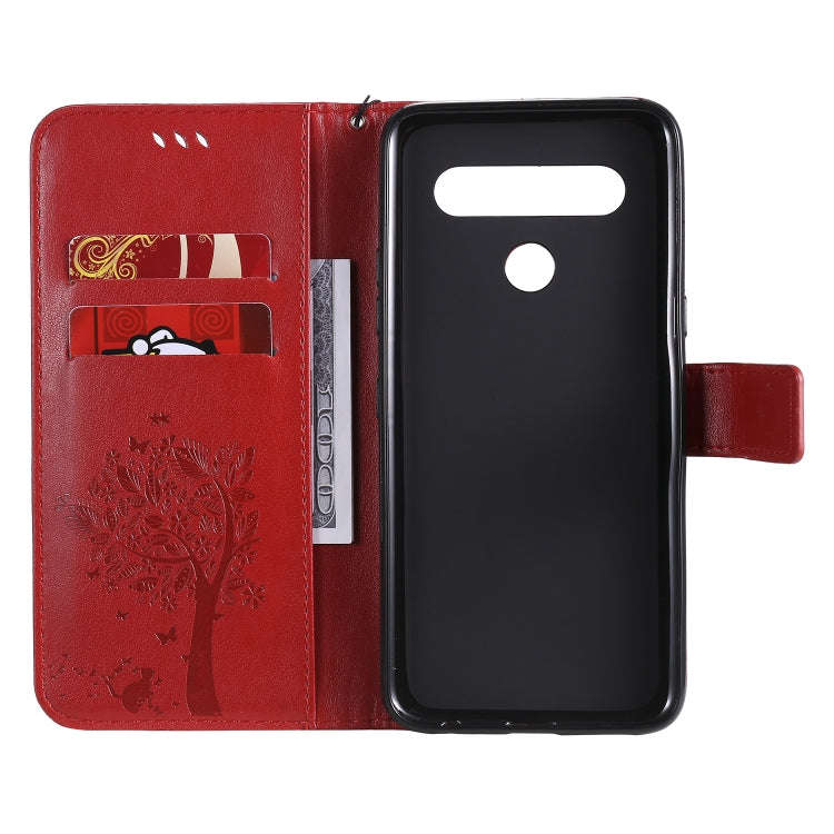 For LG K61 Tree & Cat Embossed Pattern Horizontal Flip Leather Case with Holder & Card Slots & Wa...
