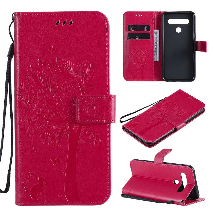For LG K61 Tree & Cat Embossed Pattern Horizontal Flip Leather Case with Holder & Card Slots & Wa...